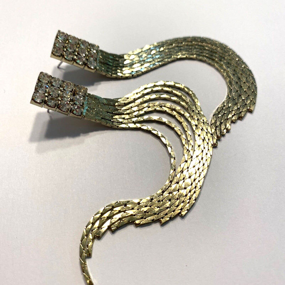 Dramatic Dressy Pierced Earrings Y2K Gold Chain White Rhinestone Runway Dangles - Picture 2 of 8